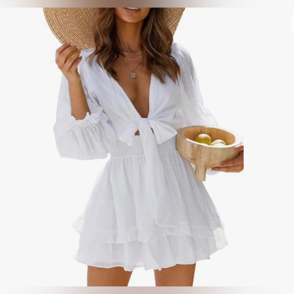 Deep V Neck Knotted Tiered Chiffon Mini Short Swing Skater Dresses Size XL